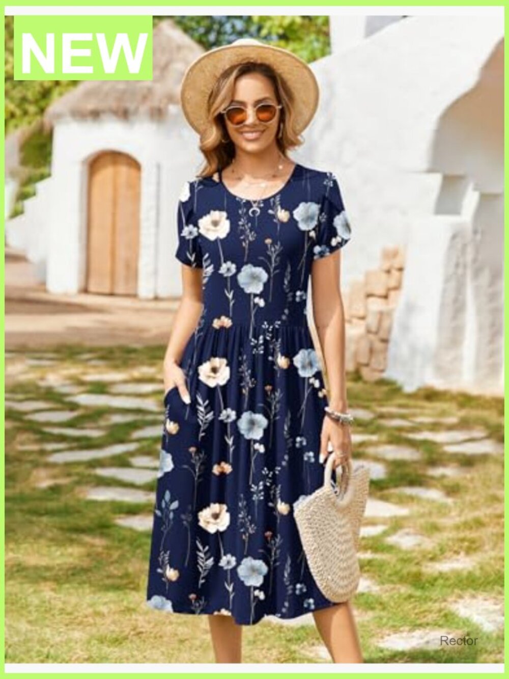 Casual Short Sleeve Midi Dress with Pockets Flowy A-Line T-Shirt Dress - Picture 2 of 7